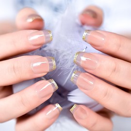 Elevenail 32pcs Shiny Glitter French Tips Clear Nude Press On Nails Short Coffin Squoval Nails Women Girls Salon Manicure Natural Nail Art Tips Fake Nails Reusable Acrylic False Nails Glue On Nails