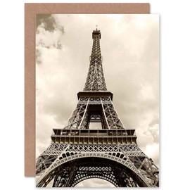 Wee Blue Coo EIFFEL TOWER SEPIA PARIS FRANCE ICONIC BIRTHDAY BLANK GREETINGS CARD