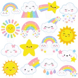 48pcs Rainbow Clouds Cupcake Toppers Sun Rainbow Cupcake Picks Sun Rainbow Stars Party Decorations for Boys Girls Rainbow Theme Baby Shower Birthday Party Decorations Supplies