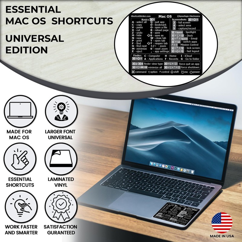 Synerlogic (Universal/Neo/Air/Pro) Mac OS Reference Keyboard Shortcut Sticker, Laminated Vinyl