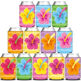 HAPPARTY 12PCS Hawaiian Hibiscus Tropical Can Sleeves, Luau Beverage Drinking Cooler Holder for Birthday Baby Shower Party Favor Gift for Summer Pool Beach Aloha Decorations Supplies