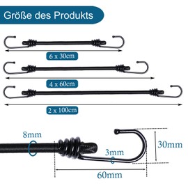 BYZANDQI Tensioning Elastic Straps with Hooks, Expander with Hooks, Set of 10, 30 cm, 60 cm, 100 cm, Luggage Tensioners, Rubber Tensioners for Luggage Types, Tarps, Garden, Bicycle, Car, Load (Mixed
