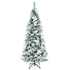 DORTALA Artificial Christmas Tree, 6FT Snow Flocked Pencil Slim Xmas Tree with 471 Branch Tips, White Berries, Poinsettia Flowers, Folding Metal Stand, White