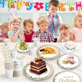 Komicea Birthday Decoration Party Tableware Set, Eucalyptus Paper Plates 100 Pieces for 20 Guests, Happy Birthday Decoration Women, Green Party Tableware Set for Girls Boys Children's Birthday