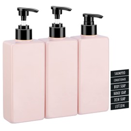 Segbeauty Lotion Dispenser Square Soap Dispenser Pack of 3 400 ml for Shampoo Soap Liquid Soap Refillable Empty Plastic Pump Bottles with Labels for Kitchen Bathroom Pink