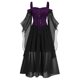 Women's Gothic Punk Style Off-the-shoulder Butterfly Sleeve Easter Cosplay Party DressColor: Black Purple, Size: Xl