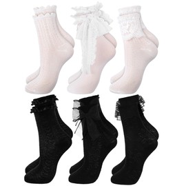 Fourluoo 6 Pairs Womens Socks Casual Ruffle Ankle Socks Lace Socks Cute Breathable Thin Cool Frilly Socks (Black, White)