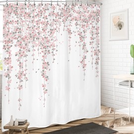 LIGHTINHOME Grey Pink Floral Shower Curtain 60Wx72H Inches Weeping Cherry Blossom Dusty Roses Spring Flowers Bathroom Home Decor Set Cloth Fabric Waterproof Polyester with 12 Pack Plastic Hooks