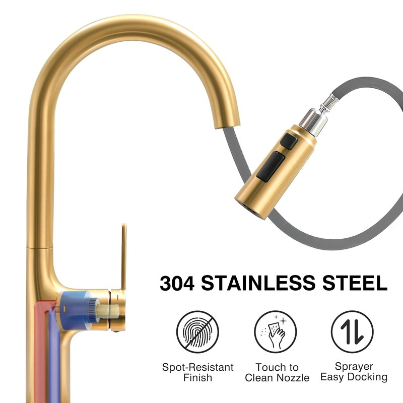 FROPO Gold Kitchen Faucets, Brushed Gold Kitchen Faucet with Pull