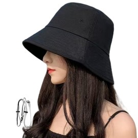INSOCUT Women's Bucket Hat, Bucket Hat, Black, Hat, Large Size, Sun Protection, UV Protection, Deep, Stylish, Black Ultraviolet Rays, 23.6 inches (60 cm), Bucket Hat, Women's, Popular, Small Face, Cute
