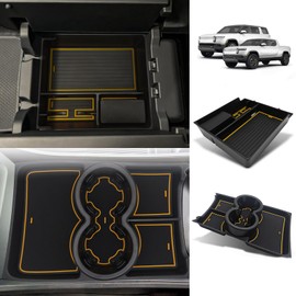 BestEvMod Upgraded V3 Armrest Storage Box and Cup Holder Lower Center Console Organizer Tray with PVC Trim Removable Coin Holder Compatible with Rivian R1T/R1S 2022-2024 (V3 Console+Lower Tray Yellow)