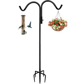 Tuohours 76 Inch Double Shepherd Hook Stand for Outdoor Birdfeeder, Adjustable Two Sided Garden Bird Feeder Pole Holder for Birdhouse Planter Solar Light Lantern, Black, 1 Pack