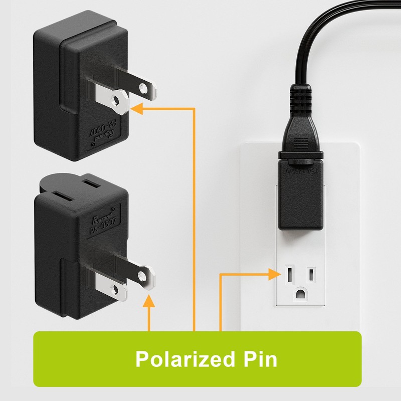 Right Angle Adapter,2-Prong 90 Degree Upward Angled AC Adapter, Polarized