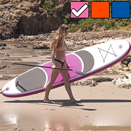 Crew Axel Inflatable Stand Up Paddle Board (6â Inch Thick) Non Slip SUP W Premium Backpack, 3 Fins, Paddle, Pump, & Leash âLarge (10â x 30â x 6â) Light Weight (17lb) Wide Stance Kids & Adults (Pink)