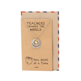 Quan Jewelry Teachers Gifts for Women Engraved Apple Pendant Necklace with 2 Circles Pendant, Best Appreciation Gifts with Inspirational Quote on Greeting Card, Metal, not-applicable