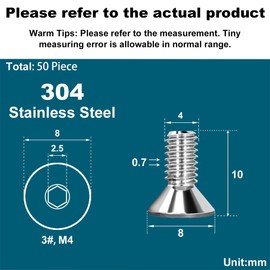 Drenky Pack of 50 M4 Screws Stainless Steel V2A Countersunk Screws Full Thread Socket Screws DIN 7991 / ISO 10642 Mini M4 x 10 mm