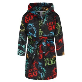 FunnyPaja Boys Soft Fleece Robes Plush Hooded Bathrobes Sleepwear for Kids 1-16 Years Black Large Gamepad 13-14 Years