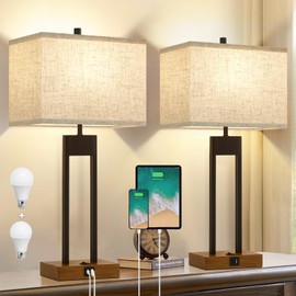25.5’’ Set of 2 Table Lamp with USB C+A Ports, 3 Colors Changeable Bedside Lamps, Modern Bedroom Lamps for End Tables Set of 2, Brown Night Stand Lamps for Bed Side Guest Room Office Reading