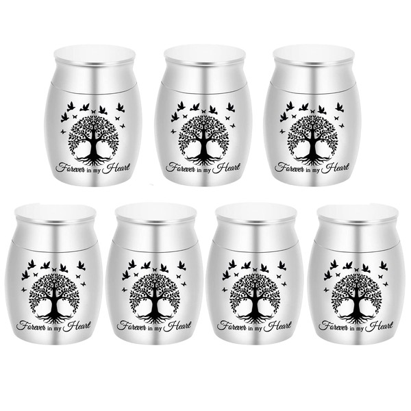 Small Keepsake Urn for Human Ashes Tree of Life Cremation Urns Mini Set of 7 Urns Perfect Stainless Steel Memorial Ashes Holder Small Funeral Ash Urn-Forever in My Heart (Silver-7pcs)