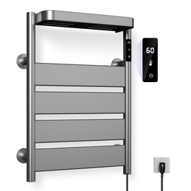 Towel Warmer Rack, Heated Towel Rack for Bathroom, Wall-Mounted Plug (Not Hardwired), Aluminum Alloy/4 Large Area Heating rods, with Timer and Temperature Adjustment, Overheat Protection Function Gray