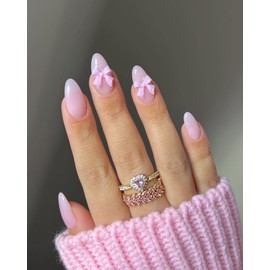 Pink Press on Nails Short Almond Fake Nails Light Pink Full Cover 5D Bow Charm False Nails with Designs SWEKKE Cute Acrylic Nails Glossy Glue on Nails Artificial Nails for Women Girls 24Pcs