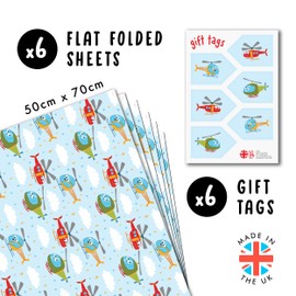 Boys Birthday Wrapping Paper - 6 Sheets of Wrapping Paper - Helicopter - Kids Gift Wrap for Son, Grandson, Nephew - with Stickers - by Central 23