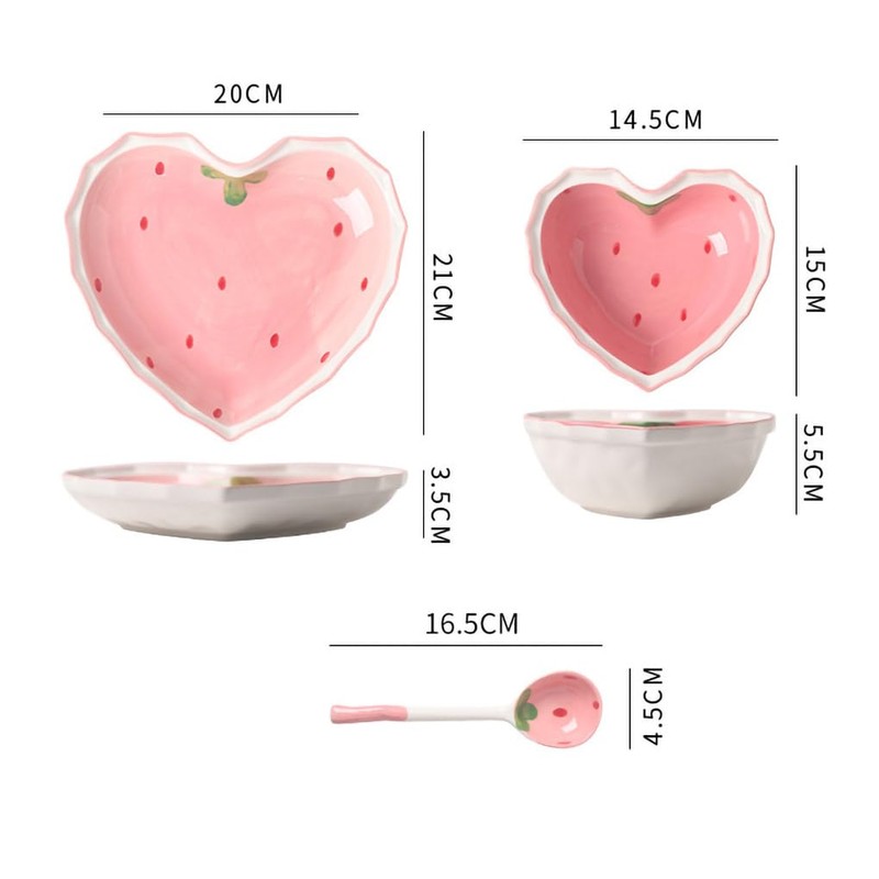 WAIT FLY Heart Shape Ceramic Dinnerware Set, Cute Strawberry Tableware