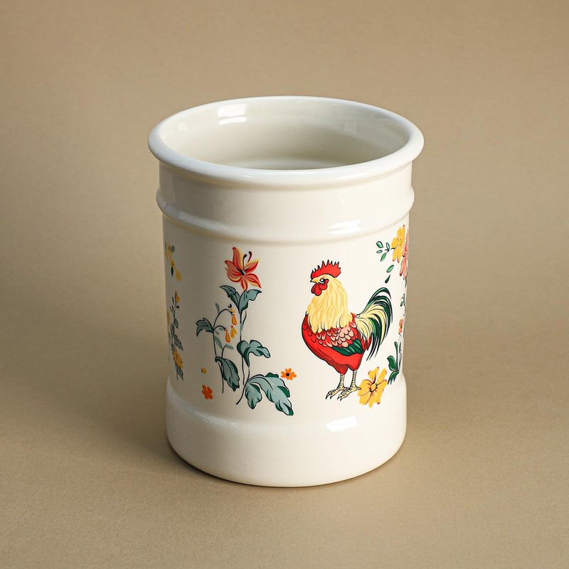 Bicuzat Ceramic Rural Rooster Pattern Kitchen Utensil Holder, Large Cooking