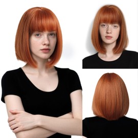 SAIIURV Ginger Wig with Fringe for Women Girls, 12 Inch/30 cm Women's Straight Bob Shoulder Length Colorful Synthetic Hair Dress Up Costumes Accessories for Cosplay Party Festival Fancy Dress (Orange)