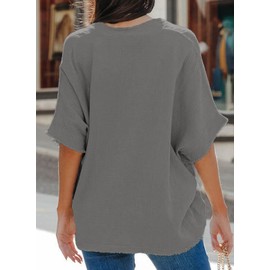 Dokotoo 2024 Fashion Shirts for Women Dressy Casual Solid Spring Summer V Neck Frayed Edges Batwing Half Sleeve Loose Fit Textured Fabrication Blouse Tops Gray L