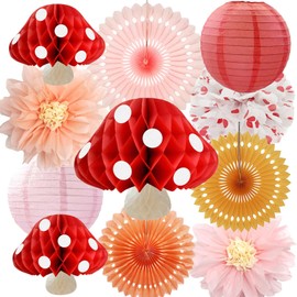 iwlorys Mushroom Party Decorations Kit Honeycomb Tissue Paper Flowers Lanterns Fans for Baby Shower Wonderland Fairy Neutral Birthday Forest Jungle Garden Tea Rustic Cottagecore Girls (Red Mushroom)