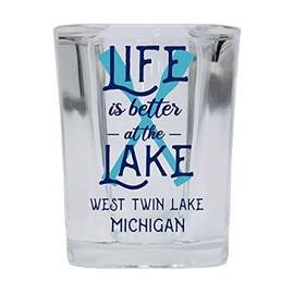 R and R Imports West Twin Lake Michigan Souvenir 2 Ounce Square Base Liquor Shot Glass Paddle Design
