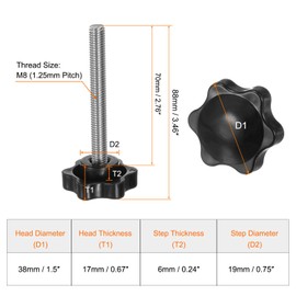 sourcing map 8pcs Star Knobs M8 x 70mm 304 Stainless Steel Threaded Stud 38mm Plastic 6-Star Head Hand Tightening Thumb Screw Clamping Jig Knob Handle, Black