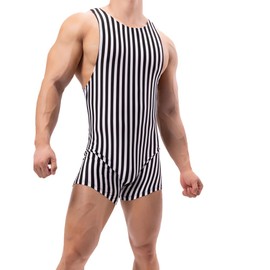 Men's Fashion Striped One Piece Bodysuit Wrestling Singlet Athletic Leotard Gym Sportswear Undershirt, Small Stripe, XL
