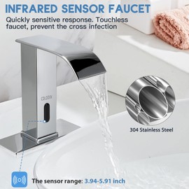 CDLODIN Automatic Sensor Touchless Bathroom Faucet, Modern Chrome Bathroom Faucet for Sink 1 Hole, Waterfall Single Hole Bathroom Sink Faucet Stainless Steel, Hands Free Motion Sensor Lavatory Faucet