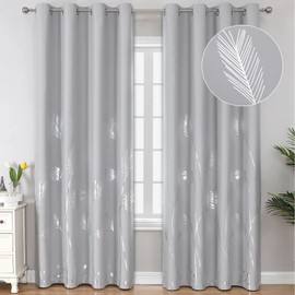 Estelar Textiler Light Grey Blackout Curtains 108 Inches Long, Silver Palm Tree Pattern Light Gray Curtains, Light Blocking Thermal Insulated Grommet Window Drapes for Bedroom, 52Wx108L, 2 Panels