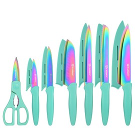 KATISUN Kitchen Knife Set with Guards, 13 Piece Rainbow Titanium Coated Stainless Steel Boxed Knives Set, Anti-Rust and Dishwasher Safe, 6 Knives with 6 Blade Covers and Kitchen Shears