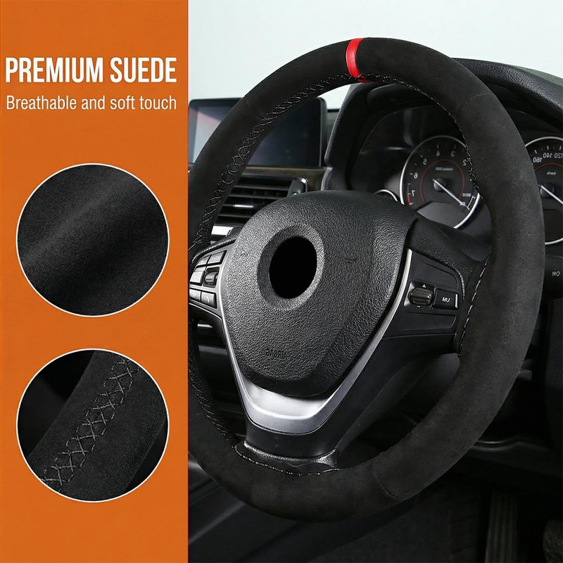 TNAIYH Car Steering Wheel Cover, 14.5-15" DIY Stitch on Suede