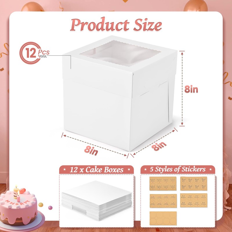 DOYIDE 12Pcs 8x8x8 Inches Cake Boxes, White Square Bakery Boxes
