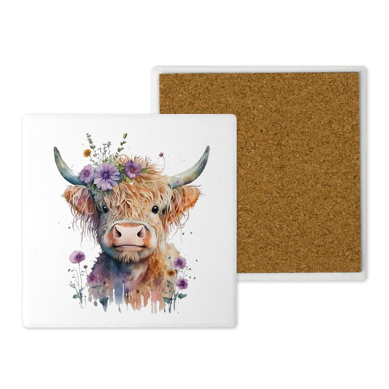 Ceramic Coasters – Handprinted Watercolour Highland Cows - Set of