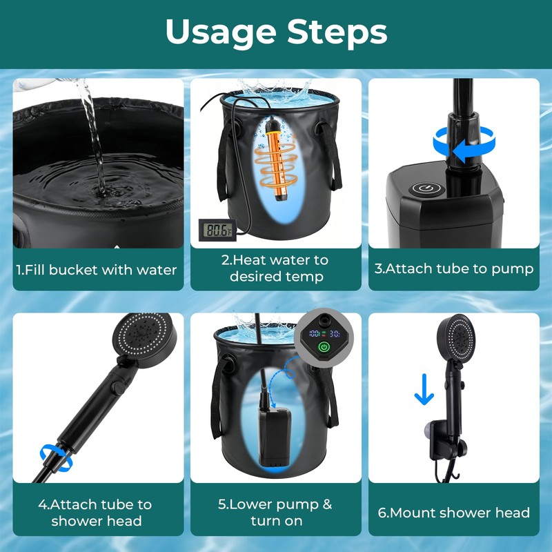 Portable Camping Shower Kit: 7ft Tent, 6000mAh Pump, 1500W Heater