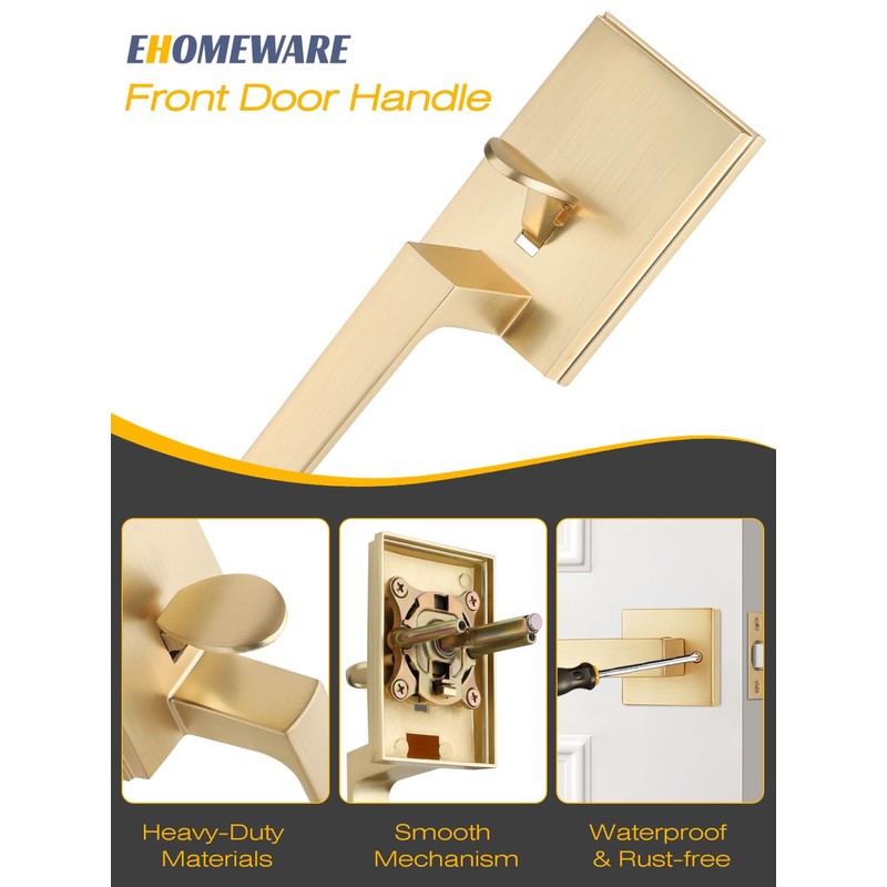 EHOMEWARE Front Door Handle Set, Brushed Gold, Satin Brass, Zinc,