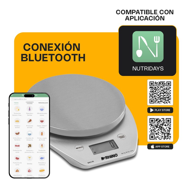 RHINO, Báscula Digital Cocina con Bluetooth, 5kg / 1g, App