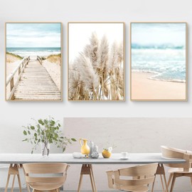Herfair Set of 3 Poster, Boho Beige Natural Beach Pampas Grass Pictures, Modern Wall Pictures, Wall Decoration, Vintage Pictures Decoration for Living Room, Bedroom, Without Frame (21 x 30 cm)
