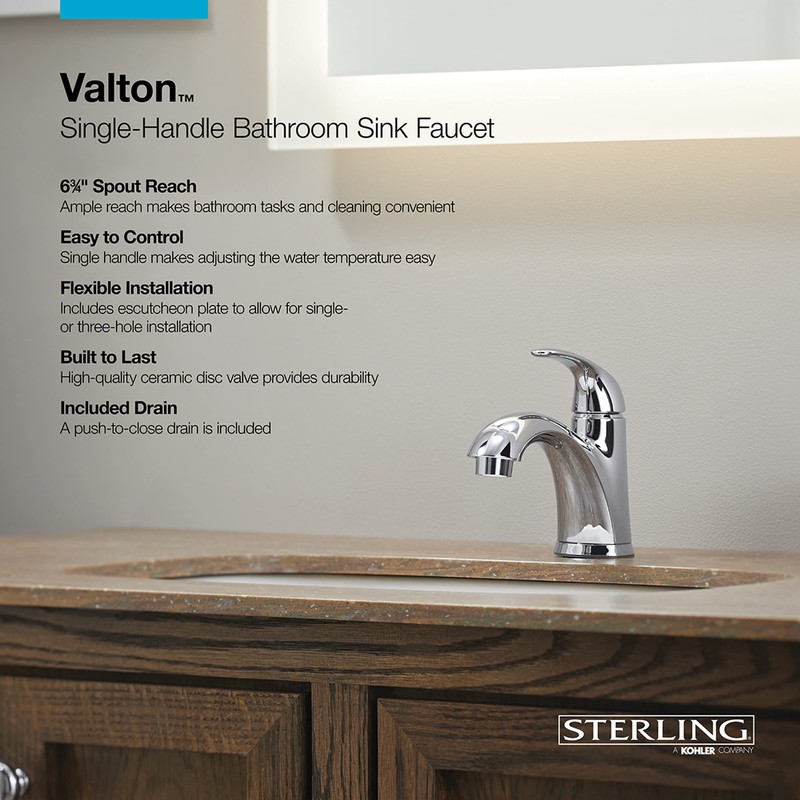 KOHLER Sterling 24819-4N-CP Valton Single-Handle Bathroom Sink Faucet, 0.5 GPM,