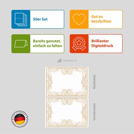 Partycards 50 Place Cards Wedding Place Cards Birthday, Flowers and Ornaments, DIN A7 Format, Name Cards, Christening Name Cards, Place Cards, Golden Wedding, Table Decoration