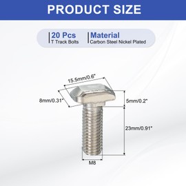 PATIKIL M8 x 25 mm Thread T-Slot Bolts, 20 Pcs Drop-in Bolt Hammer Head T-Bolt Standard 8 mm Sliding Screw Stud for 30 Series Aluminum Extrusion Profile, Silver