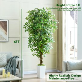 FSOHOI Artificial Ficus Tree 6FT Faux Plants Indoor Tall Fake Plants with White Planter, Green Lifelike Lush Fake Ficus Tree for Home Living Room Bedroom Outdoor Balcony House Office Decor