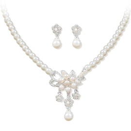 AiminGems Simulated Pearl Flower Statement Necklace Earrings for Women, Austrian Crystal Victorian Style 1920s Gatsby Jewelry Set for Party (Ivory)