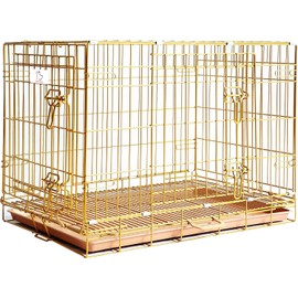 Piivos Dog Crate 30 Inch, Copper Gold Dog Kennel | Portable & Foldable Metal Wire Dog Cage for Medium-Small Dogs with Pull-Out Floor Grid, Easy-Clean Tray, Dual-Entry, Handle for Transport Indoor